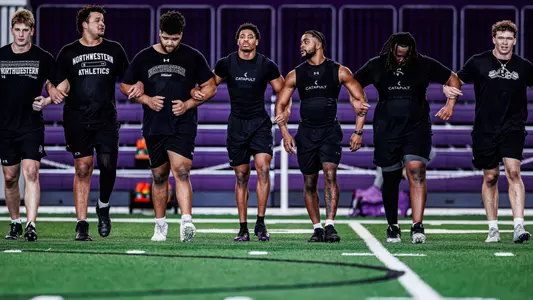 February 13, 2026, Evanston, IL: Members of the Northwestern Football team workout at Wilson Field at Walter Athletics Center in Evanston, IL on Friday, February 13, 2026. (Photo by Griffin Quinn/Northwestern Athletics)