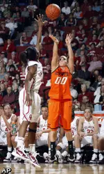 Oklahoma State's Lakyn Garrison shoots over Oklahoma's Aaryn Ellenberg.