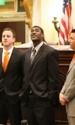 Mike Gundy, Justin Blackmon and Dan Bailey were honored at the State House for their outstanding performances in 2010.