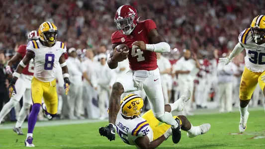 Alabama quarterback Jalen Milroe (4) scores a touchdown against LSU at Bryant-Denny Stadium in Tuscaloosa, AL on Saturday, Nov 4, 2023. 