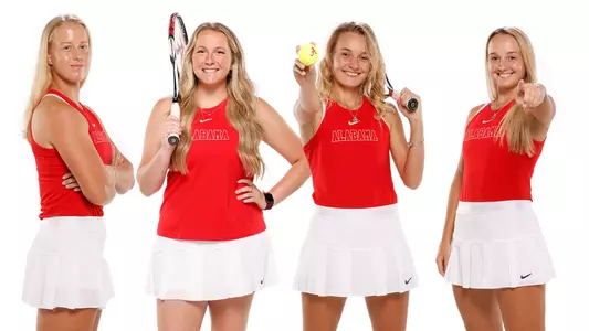 Women's Tennis- Petra Sedlackova, Anne Marie Hiser, Kasia Pitak and Ola Pitak on a white backdrop 