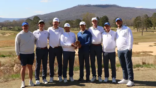 Members of the Seton Hall men's golf team pose for a team picture after winning a share of the Sweetens Cove Intercollegiate