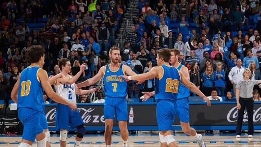 Mitch Stahl and the Bruins celebrate a point (photo by Don Liebig)