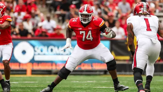 Offensive line Delmar Glaze (74)Maryland Football vs. Indiana at SECU Stadium in College Park, MD on Saturday, Sep. 30, 2023. Chris Lyons