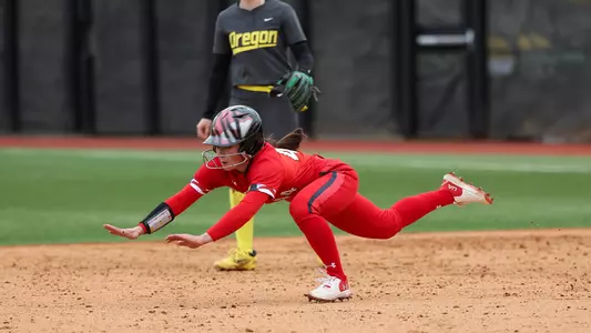 Megan Mikami stealing a base against Oregon.  She has now 65 career stolen bases.  