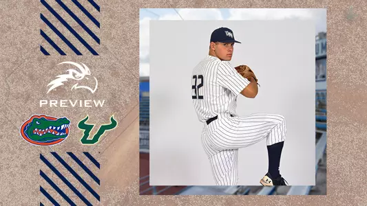 UNF Baseball graphic with Tony Roca pitching next to UF and USF logos.