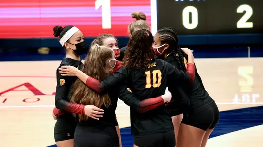 Team huddle at Haas Pavilion