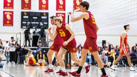 USC men's volleyball senior middle blocker Markus Olsson celebrates a point in a 3-0 sweep against Dominican at the Galen Center Pavilion.
