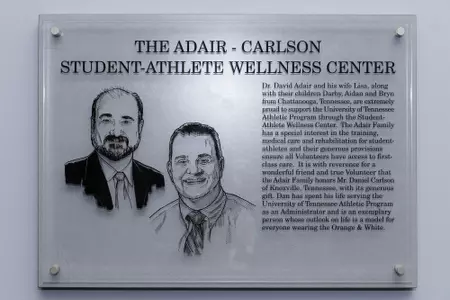 KNOXVILLE, TN - MARCH 13, 2019 - Adair-Carlson Plaque outside the Adair-Carlson Student Athlete Wellness Center in the Anderson Training Center in Knoxville, TN. Photo By Maury Neipris/Tennessee Athletics