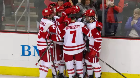 The Wisconsin men's hockey team celebrates scoring a goal