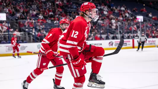 Ryland Mosley celebrates scoring a goal against Ohio State at Nationwide Arena