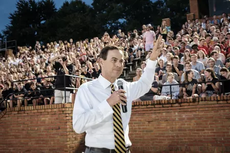 New Wake Forest students participate in the Deacon Olympics orientation event on Thursday, August 22, 2019. Athletic Director John Currie fires up the students during the opening ceremonies.