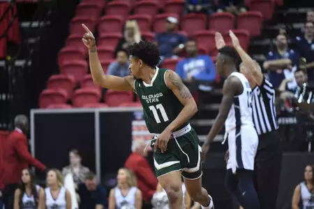 07 MAR 2018: Utah State takes on Colorado State University during the 2018 Mountain West Conference Men's Basketball Championship at the Thomas & Mack Center in Las Vegas, NV. Justin Tafoya/NCAA Photos