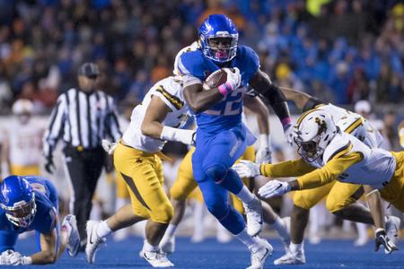 BOISE, ID - OCTOBER 21: Boise State Broncos running back Alexander Mattison  (22) shows some frustration after running out of bounds during the regular  season game between the Wyoming Cowboys verses the