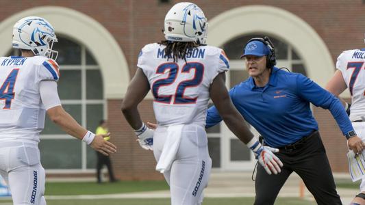 BOISE, ID - OCTOBER 21: Boise State Broncos running back Alexander Mattison  (22) shows some frustration after running out of bounds during the regular  season game between the Wyoming Cowboys verses the