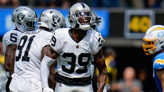 Las Vegas Raiders cornerback Nate Hobbs (39) during an NFL