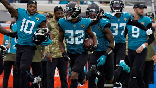 Jacksonville Jaguars cornerback Tyson Campbell (32) celebrates