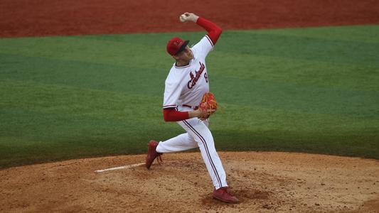 Louisville, KY, USA. 31st May, 2019. Nick Bennett of the Louisville  Cardinals celebrates a strikeout to end an inning in an NCAA Baseball  Regional at Jim Patterson Stadium in Louisville, KY. Kevin