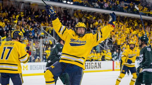 Men's Michigan Wolverines 43 Quinn Hughes Yellow Hockey Jersey