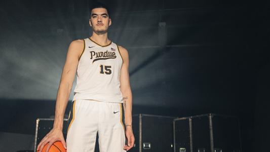 Purdue Men's basketball player Zach Edey poses for a portrait on June 15, 2023 in Kissell Studio at Purdue University in West Lafayette, Indiana.
