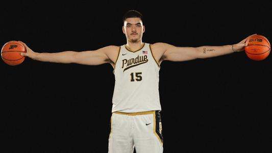 Purdue Men's basketball player Zach Edey poses for a portrait on June 15, 2023 in Kissell Studio at Purdue University in West Lafayette, Indiana.