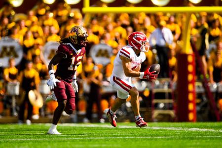 Jacob Bernard makes a catch September 30, 2023 Louisiana @ University of Minnesota Football in Minneapolis, MN at Huntington Bank Stadium. Final score Louisiana 24 Minnesota 35. Photo by Benjamin R. Massey/Ragin Cajun Athletics