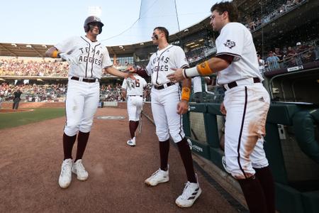 COLLEGE STATION, TX - May 05, 2023 - Outfielder Jace Laviolette #17 of the Texas A&M Aggies, Infielder Trevor Werner #28 of the Texas A&M Aggies and Infielder Hunter Haas #2 of the Texas A&M Aggies during the game between the Florida Gators and the Texas A&M Aggies at Blue Bell Park in College Station, TX. Photo By Hayden Carroll/Texas A&M Athletics

