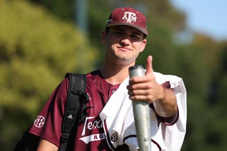 Stanford, CA - June 02, 2023 - Outfielder Jace Laviolette #17 of the Texas A&M Aggies during the game between the Cal State Fullerton Titans and the Texas A&M Aggies at Klein Field at Sunken Diamond in Stanford, CA . Photo By Evan Pilat

