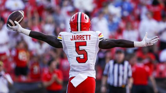 Maryland wide receiver Rakim Jarrett runs a route during the