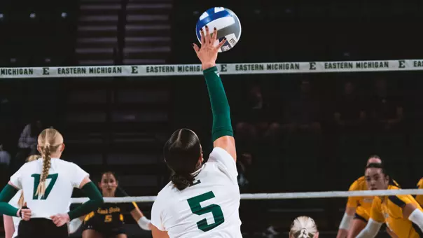 Ella Grasson serves the ball against Kent State, Oct. 9, 2025