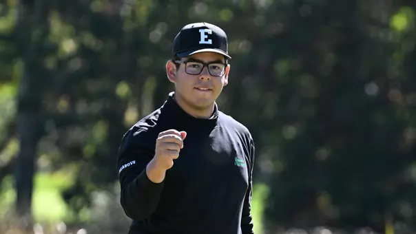 Vicente Quiroga pumps his fist toward the camera after sinking a birdie put at the Nemacolin Collegiate Invitational