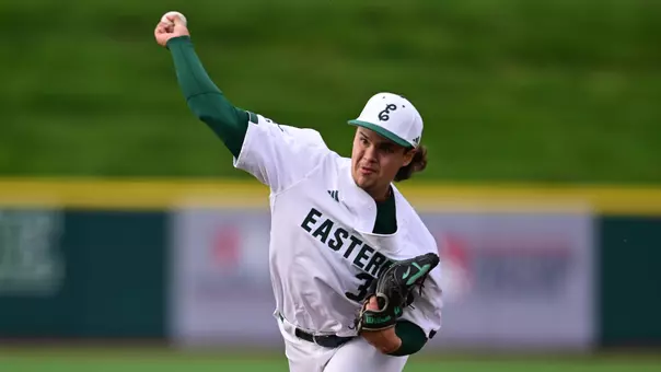 Michael Pfeiffer pitches at the 2025 MAC Baseball Tournament