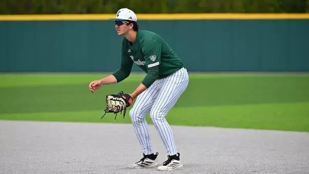 Keegan Knupp in a defensive position at first base at Oestrike Stadium in the 2026 season
