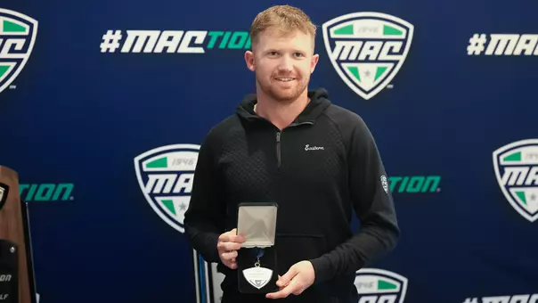 Rory McDonald-O'Brien poses with this runner-up medal at the 2026 MAC Men's Golf Championships in Zionsville, Ind.
