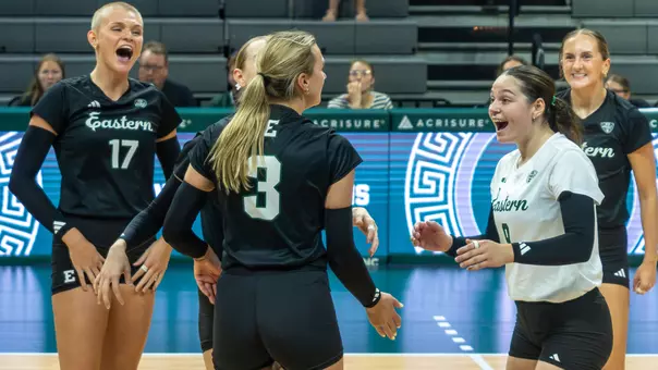 Volleyball celebrates scoring a point at Michigan State, inside the Breslin Center, Aug. 19, 2026