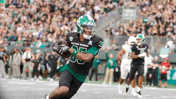 Kozy Isaac runs towards the endzone after catching the football against Sacramento State at Rynearson Stadium, Aug 29, 2026