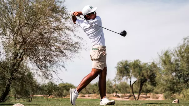Parin Sarasmut watches his drive travel down the fairway at the 2026 Bombs Darts Birds Collegiate at Whirlwind Golf Club in Chandler, Ariz., Sept. 8, 2026.