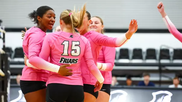 Volleyball Team Huddle at Alumni Hall in Providence, R.I. in a BIG EAST match against St. John's during the 2025 season