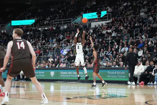 Jaylin Sellers three point shot versus Brown at the Amica Mutual Pavilion.