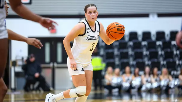 Orlagh Gormley dribbling the ball at Alumni Hall in Providence, R.I. during a BIG EAST game against Seton Hall