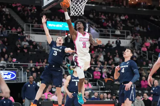 Sellers shoots a layup versus Xavier at the Amica Mutual Pavilion.