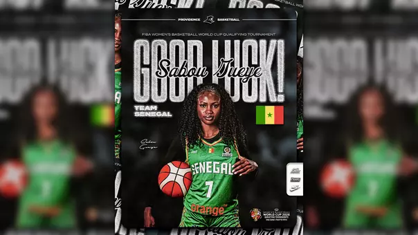 A graphic featuring Sabou Gueye of the Providence College women's basketball team wearing a uniform for her native-Senegal to announce the will play in the FIBA World Cup Qualifying Tournament in San Juan, Puerto Rico on March 11 through March 17.