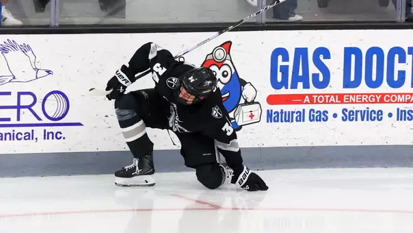Men's Hockey's Logan Sawyer celebrates after a goal against UConn