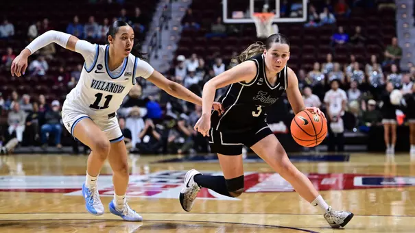 Orlagh Gormley dribbling past a Villanova defender at Mohegan Sun during the BIG EAST Quarterfinals