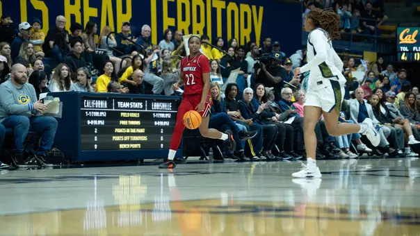 Tajianna Roberts dribbles against Cal