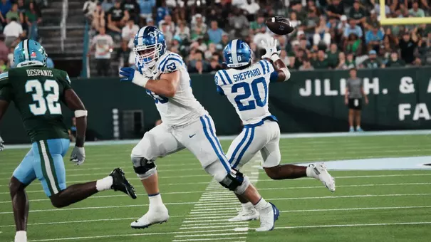 Duke running back Nate Sheppard gets ready to catch a pass while Brian Parker II prepares to block for Sheppard.