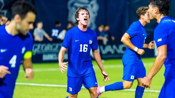 Max Simpson celebrates Duke's late goal at Georgetown