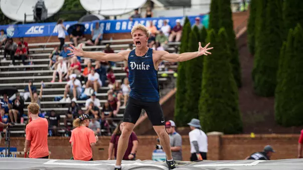Jonathan Horn exclaims after a successful pole vault clearance at the ACC Outdoor Championships