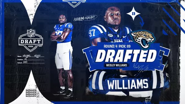 A graphic showing Wesley Williams was selected in the fourth round of the 2026 NFL Draft by the Jacksonville Jaguars.