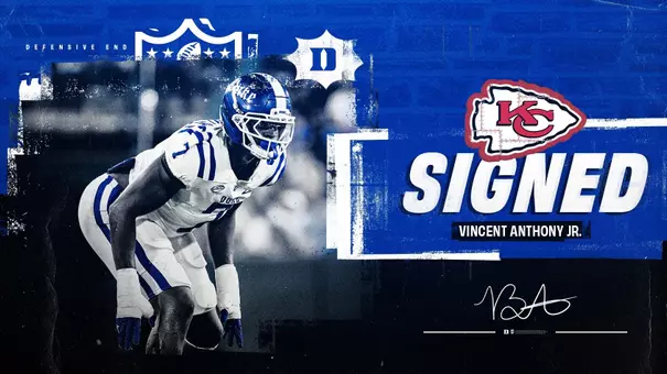 A graphic showing former Duke defensive end Vincent Anthony Jr. agreed to terms with the Kansas City Chiefs an undrafted free agent.